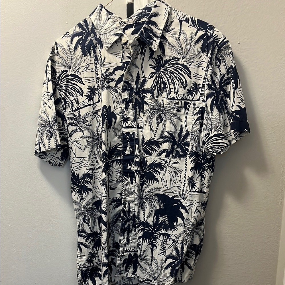 American Eagle Outfitters White and Blue Casual Button Down Shirt